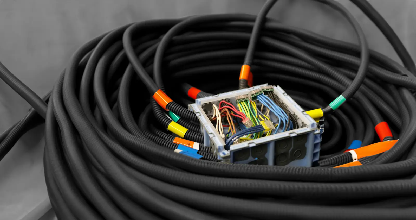 Pieuvre électrique avec gaines repérées et boîte de dérivation préparée en atelier