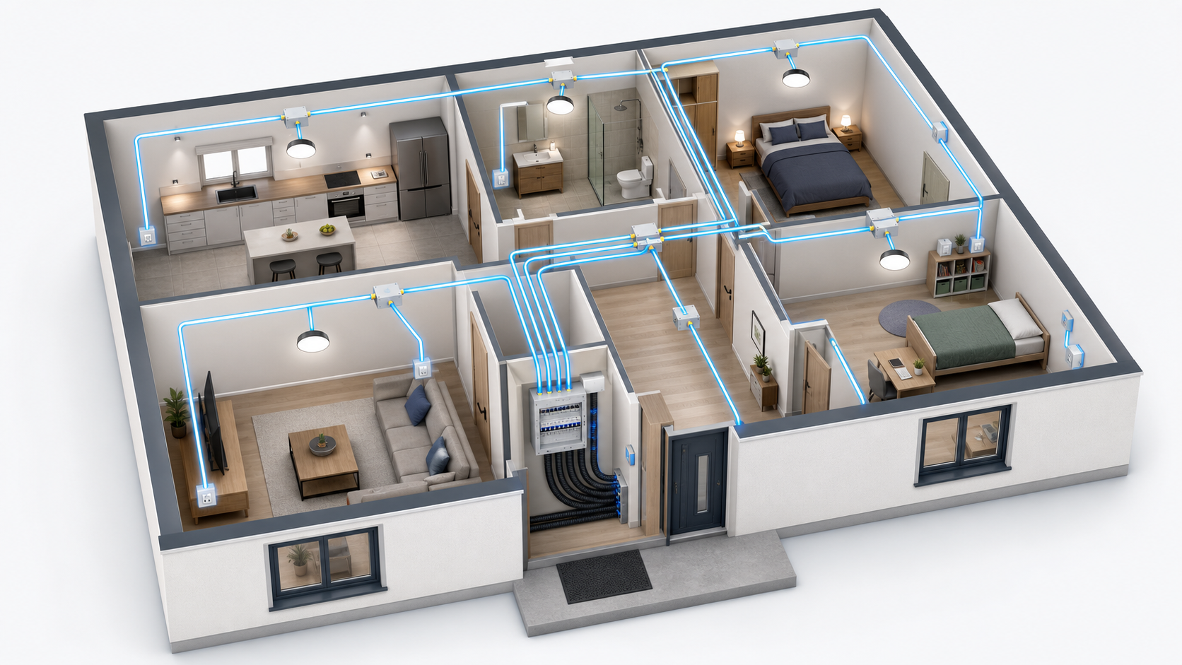 Plan isométrique montrant le passage des gaines d'une pieuvre électrique dans une maison